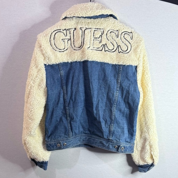 (NEW) GUESS Sherpa Denim Jacket with Logo Back - Picture 4 of 9